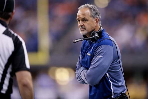 Head coach Chuck Pagano of the Indianapolis Colts looks on during a game against the Denver Broncos at Lucas Oil Stadium