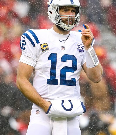 Andrew Luck #12 of the Indianapolis Colts waits for a play call from the sidelines