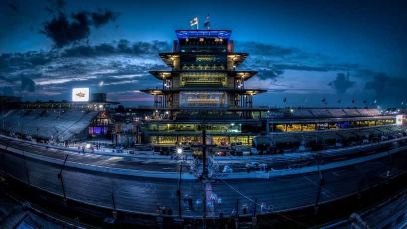 Portrait of the Indianapolis Motor Speedway and Finish Line at night