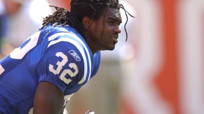 Edgerrin James #32 of the Indianapolis Colts warms up before a game against the Cleveland Browns