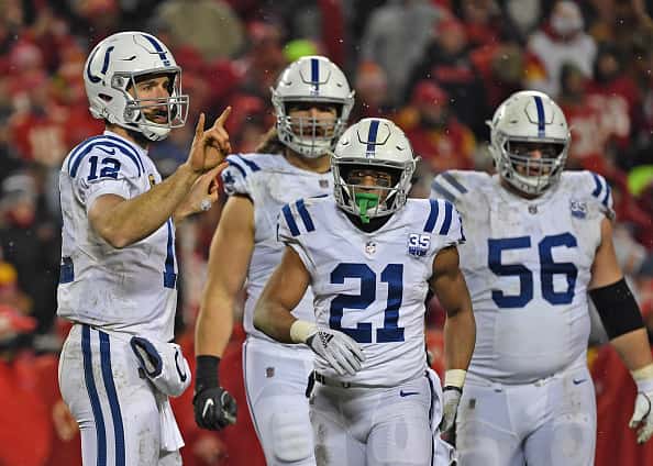 Quarterback Andrew Luck #12 of the Indianapolis Colts signals the sideline during a game vs. the Chiefs.