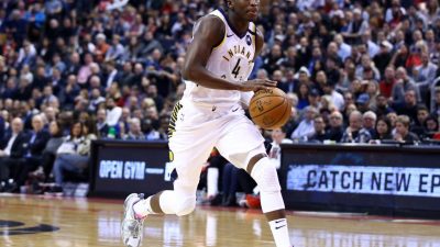 Victor Oladipo #4 of the Indiana Pacers dribbles the ball during the first half of an NBA game in Toronto