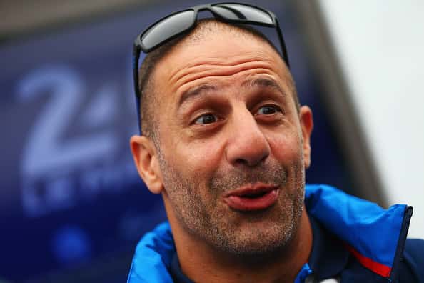 Tony Kanaan is interviewed by the media during previews to the Le Mans 24 hour race at the Circuit de la Sarthe
