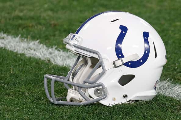 A helmet of the Indianapolis Colts rests on the sideline during a game against the Tennessee Titans at Nissan Stadium