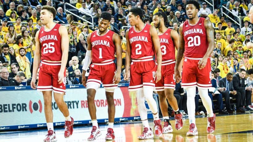 The Indiana Hoosiers walk back to the defensive end during the Michigan Wolverines game