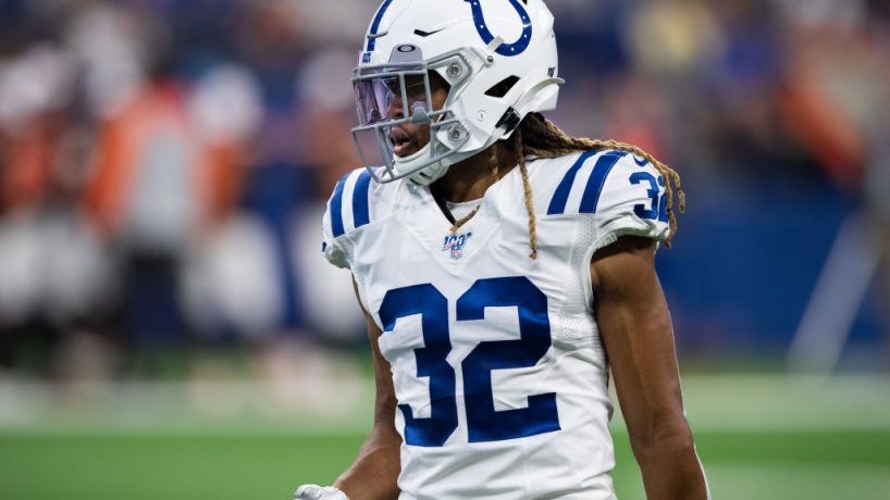 Colts cornerback Jalen Collins gets ready for a 2019 snap against the Browns in the preseason.