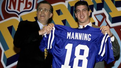 Peyton Manning, quarterback from University of Tennessee. Selected as a first overall draft choice by the Indianapolis Colts is announced and introduced by NFL Commissioner Paul Tagliabue at the 1998 NFL Draft