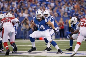 Colts left tackle Anthony Castonzo lines up for a snap in 2017.