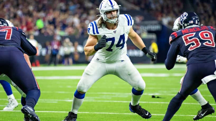 Colts left tackle Anthony Castonzo gets ready to block in a game against the Texans.