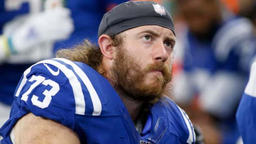 Colts offensive guard Joe Haeg looks on from the sideline during a 2019 game at Lucas Oil Stadium.