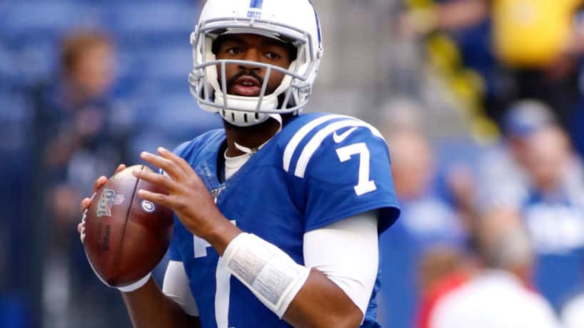 Colts quarterback Jacoby Brissett gets ready to throw a pass before a 2019 game.
