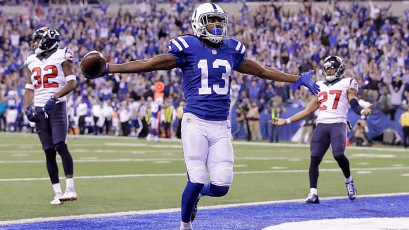 Colts wide receiver T.Y. Hilton walks into the end zone.