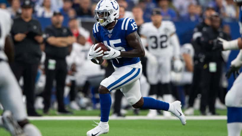 Colts wideout Parris Campbell turns up field in a 2019 game.