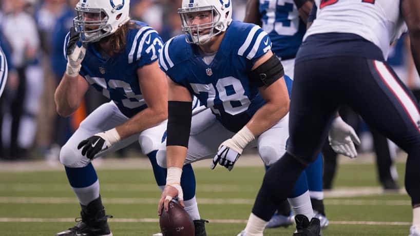 Colts center Ryan Kelly gets ready for a 2019 snap.