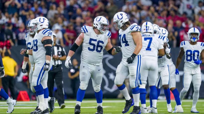 Colts offensive line gets ready for a 2019 snap.