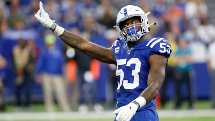 Darius Leonard wags his finger after a play in 2019.