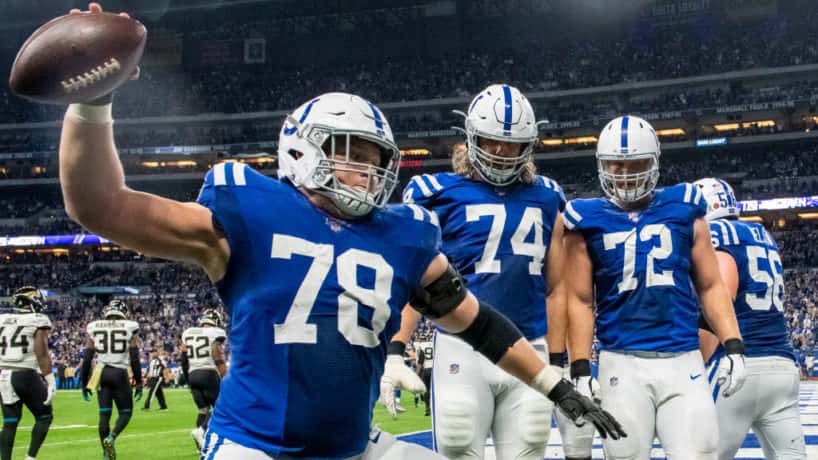 Colts offensive linemen celebrate in 2019.
