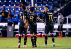 Los Angeles FC forward Diego Rossi (9) celebrates scoring his goal during the MLS Is Back Tournament between the LA FC and LA Galaxy on July 13, 2020 at the ESPN Wide World of Sports, Orlando FL