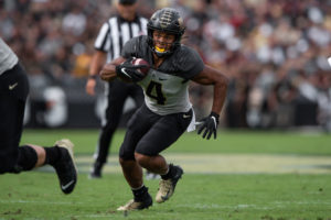 Purdue Boilermakers wide receiver Rondale Moore (4) runs after a catch during the college football game between the Purdue Boilermakers and Minnesota Golden Gophers on September 28, 2019, at Ross-Ade Stadium in West Lafayette, IN