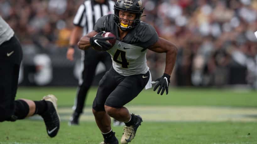 Purdue Boilermakers wide receiver Rondale Moore (4) runs after a catch during the college football game between the Purdue Boilermakers and Minnesota Golden Gophers on September 28, 2019, at Ross-Ade Stadium in West Lafayette, IN