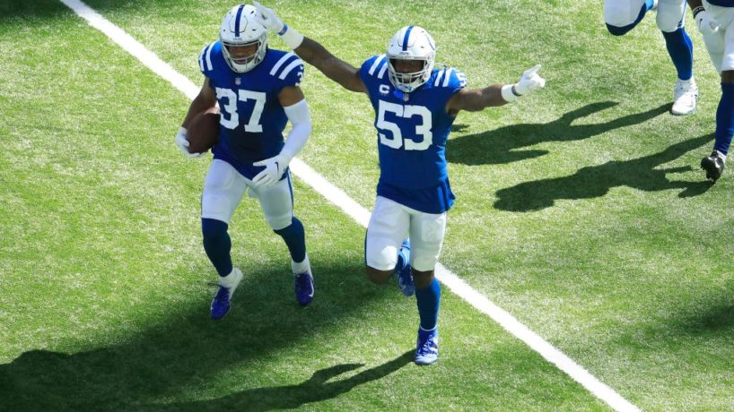 Colts linebacker Darius Leonard runs off the field after a big play.