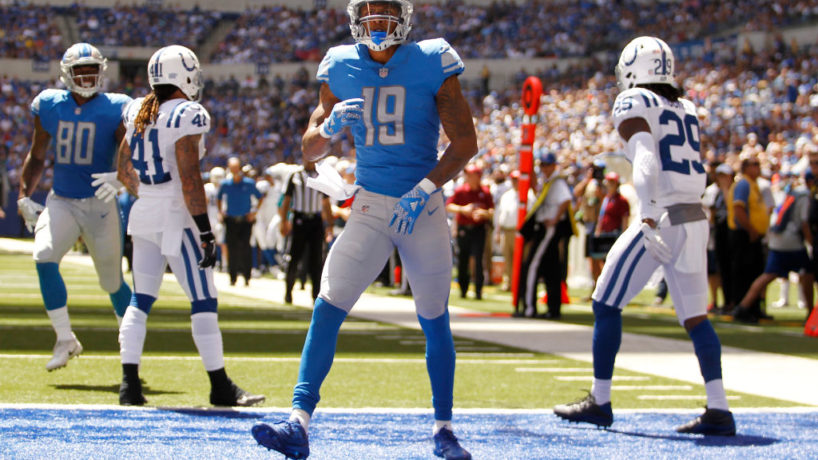 Kenny Golladay celebrates a touchdown in the End Zone at Lucas Oil Stadium