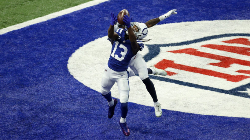 Colts wideout T.Y. Hilton catches a ball in the end zone.