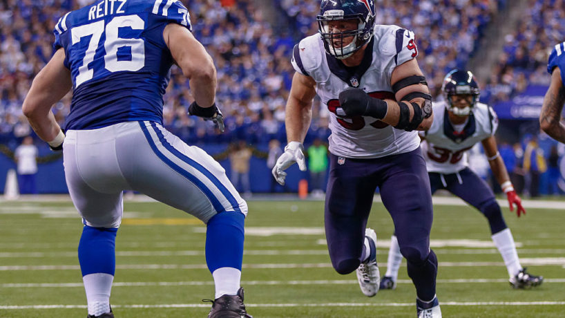 Joe Reitz blocks a charging J.J. Watt in a game versus the Colts and Texans