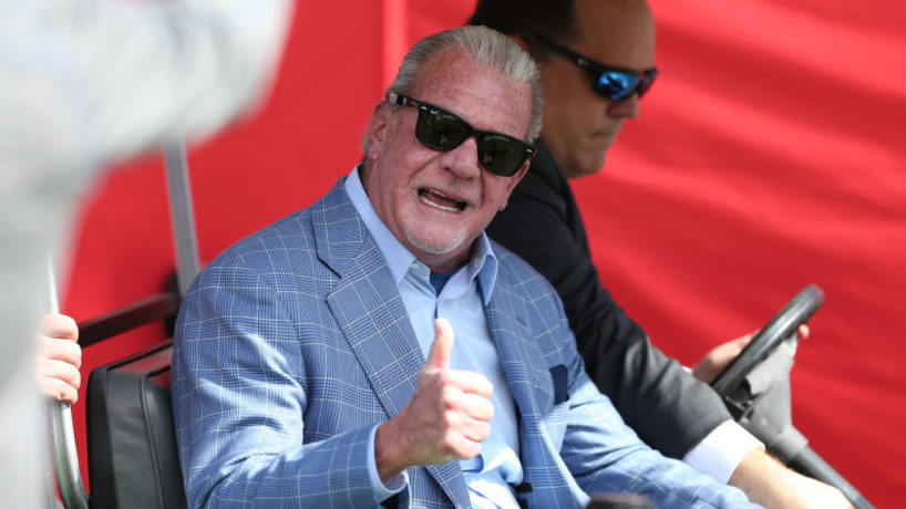 Colts Owner Jim Irsay sits in a golf cart in 2019.
