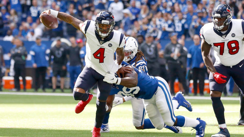 Texans QB-Deshaun Watson tries to escape against the Colts.