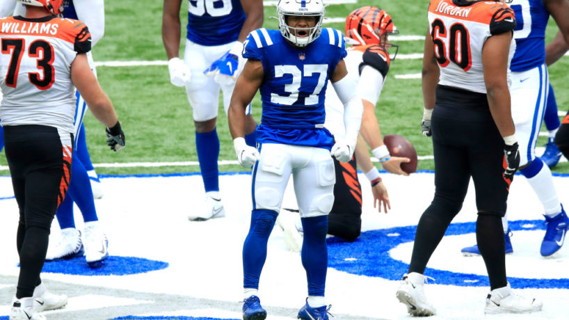Colts safety Khari Willis reacts after a big play.
