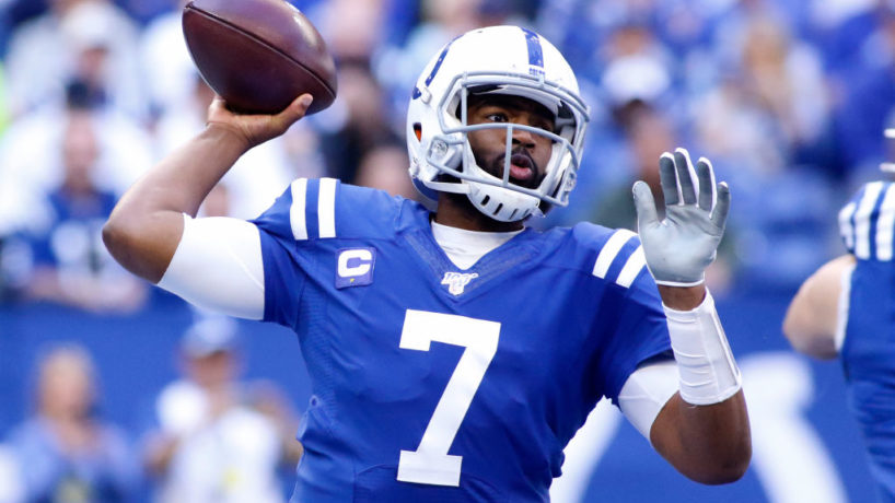 Colts QB-Jacoby Brissett gets ready to throw a ball in a game.