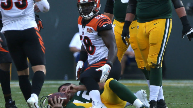 Bengals DE-Carl Lawson reacts after a sack.