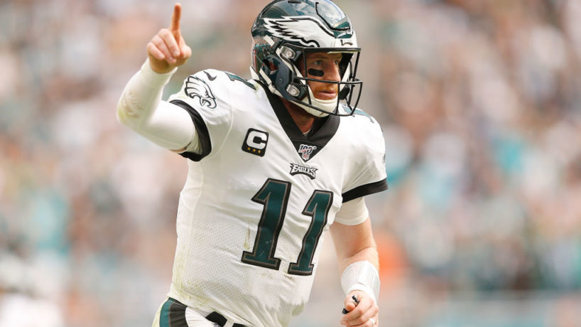 Carson Wentz points after a big play.