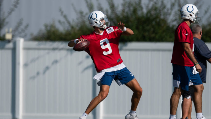 Colts QB-Jacob Eason gets ready to throw in practice.