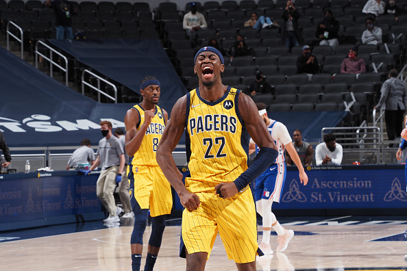 Pacers Caris LeVert reacts after a late-game shot against the 76ers.