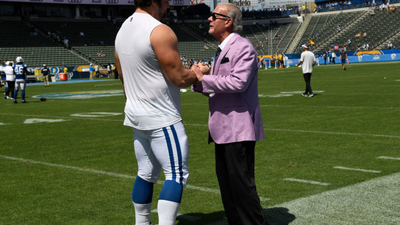 Quenton Nelson talks to Jim Irsay before a game.