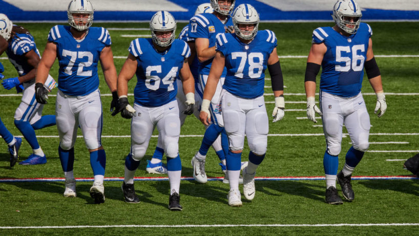 Colts players line up before a play.