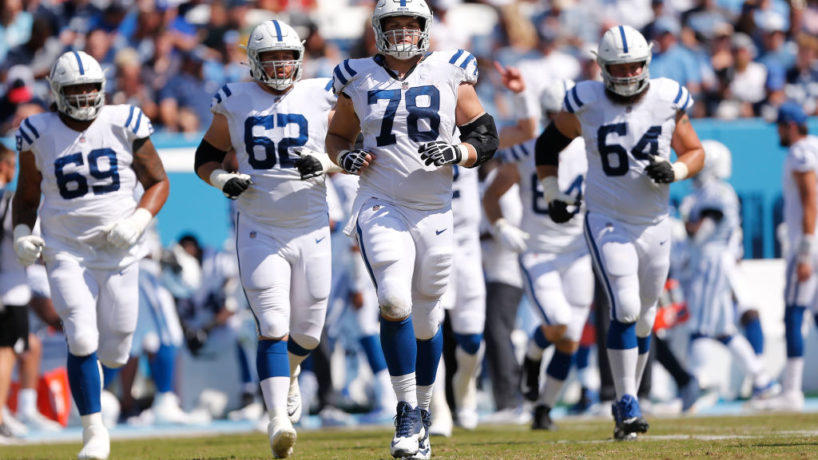 Colts offensive line runs out for a snap.