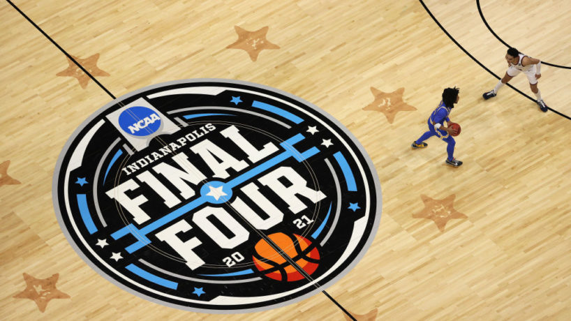 An overhead look of the Final Four floor at Lucas Oil Stadium as UCLA takes on Gonzaga