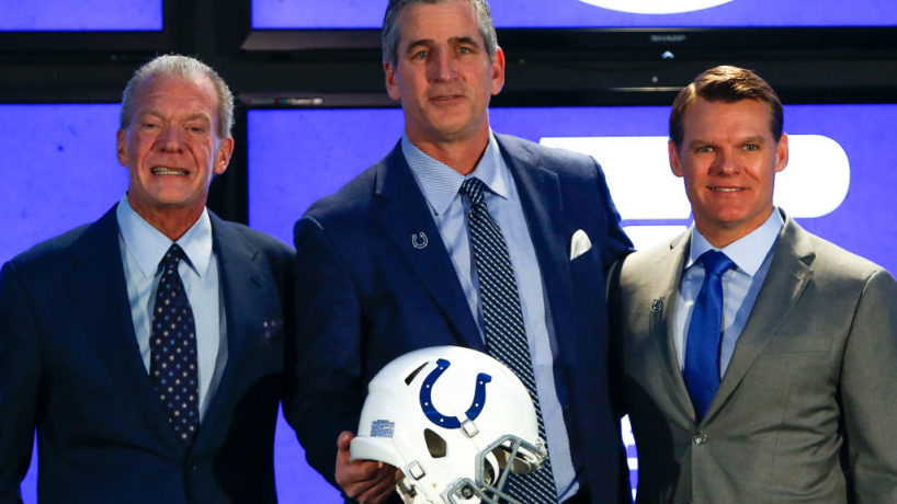 Jim Irsay, Frank Reich, and Chris Ballard pose together for a picture