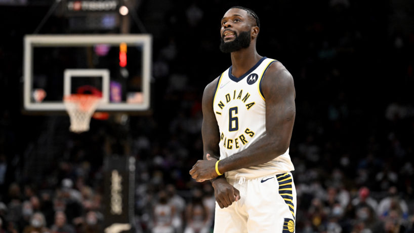 Lance Stephenson #6 of the Indiana Pacers reacts after a play during the second half against the Cleveland Cavaliers at Rocket Mortgage Fieldhouse on January 02, 2022