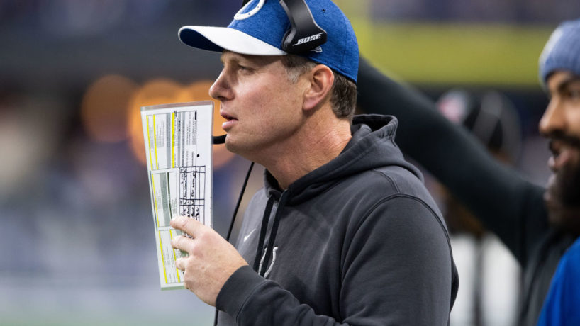 Colts DC-Matt Eberflus makes a call from the sideline.