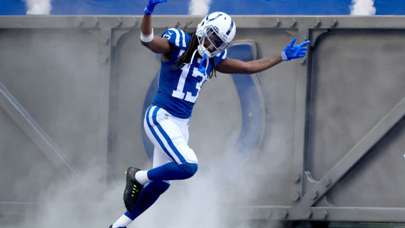 Colts WR-T.Y. Hilton runs out of the tunnel for a 2021 game.