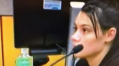 Meagan Work being seated at her sentencing hearing in Austin Texas