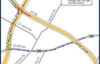Map of the southbound 183 lane closures planned near I-35