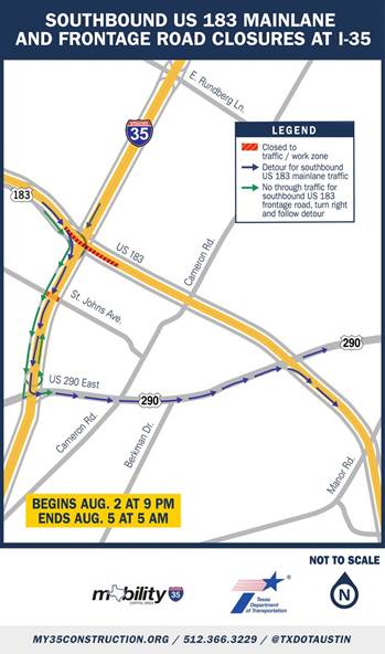 Map of the southbound 183 lane closures planned near I-35