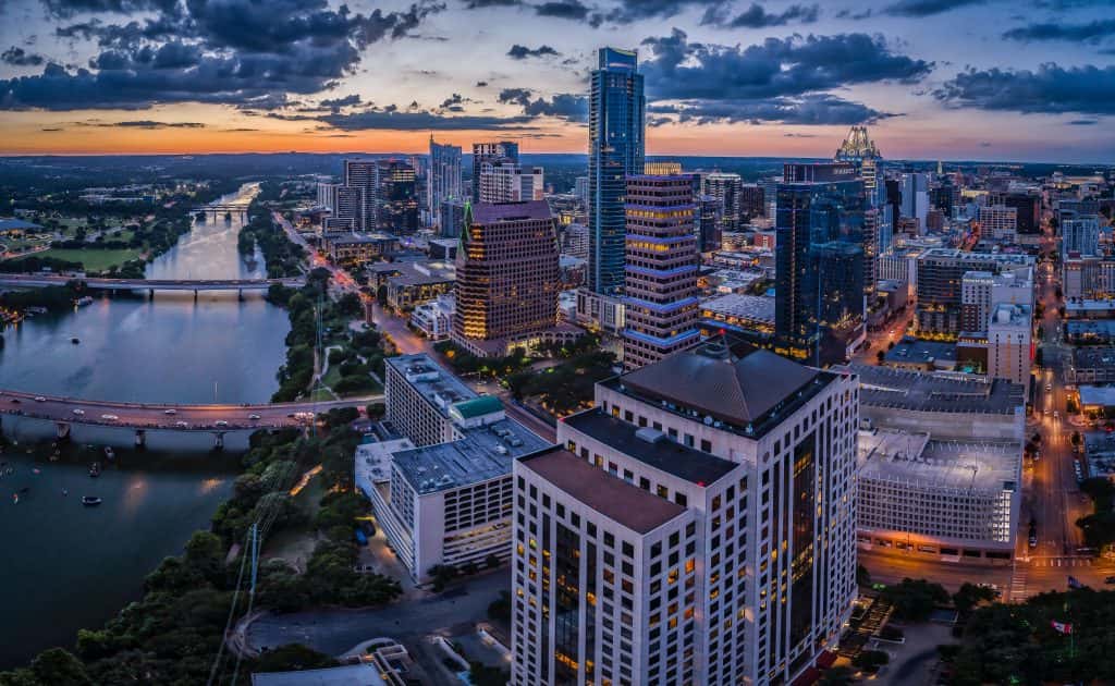 Aerial view of Four Seasons and downtown Austin