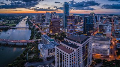 Aerial view of Four Seasons and downtown Austin