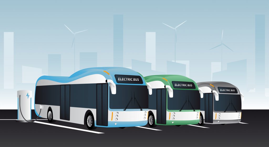 Illustration of electric buses lined up and charging